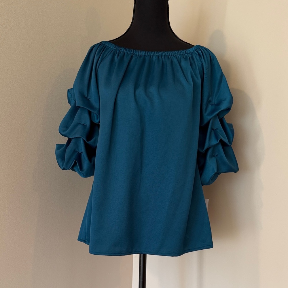 Coco Bianco Teal Off-Shoulder Ruffle Sleeve Blouse